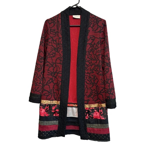 Chico's Sweaters - Chicos Sz 0 Patchwork Duster Jacquard Open Front Cardigan Red Black Romantic